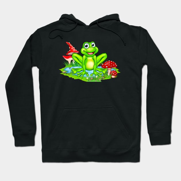 Cute Frog At The Pond And Mushrooms Nature Hoodie by Foxxy Merch